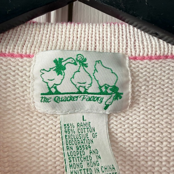 Quacker Factory pink and white cardigan with floral and hat designs. Size L - Picture 3 of 11